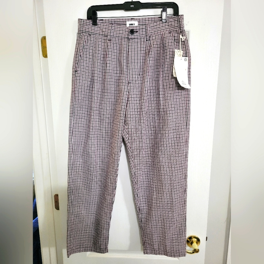 OBEY Fubar Pleated Plaid Pants Beetroot Men's Size 30